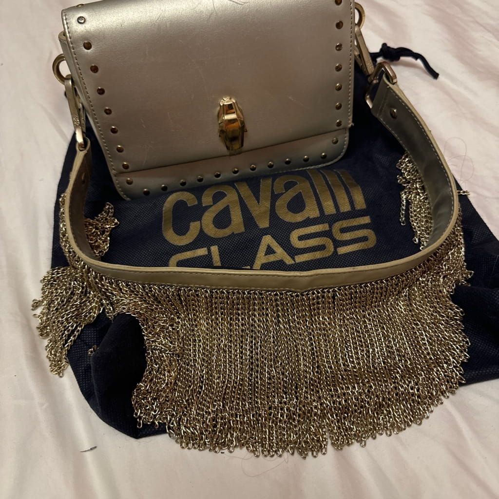 Cavalli class unique silver shoulder bag with gold chain fringes