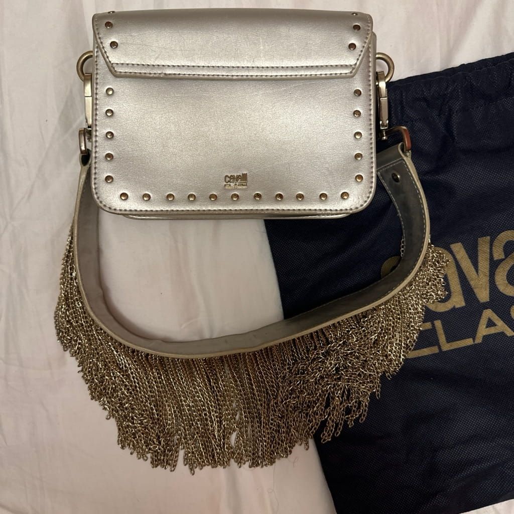 Cavalli class unique silver shoulder bag with gold chain fringes