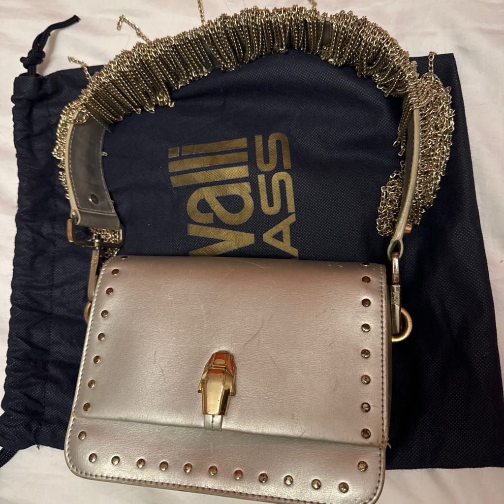 Cavalli class unique silver shoulder bag with gold chain fringes