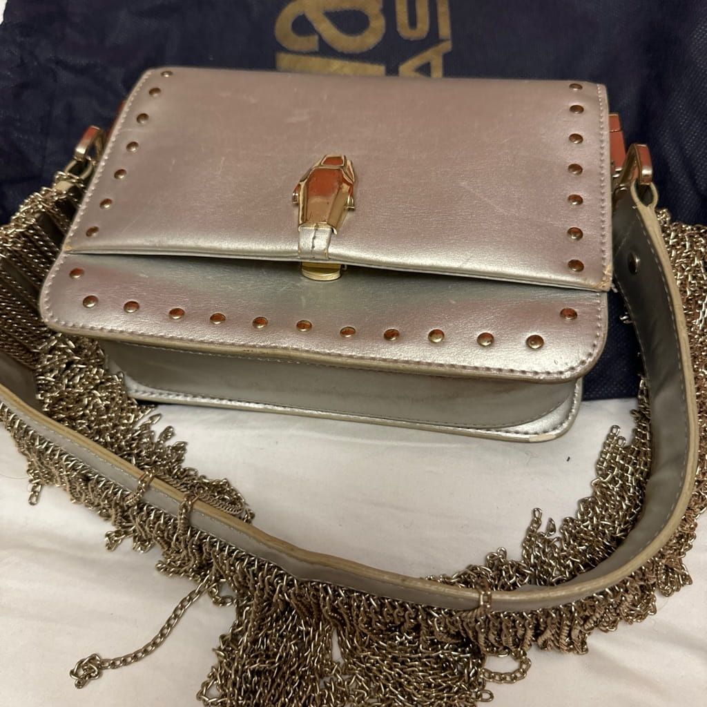 Cavalli class unique silver shoulder bag with gold chain fringes