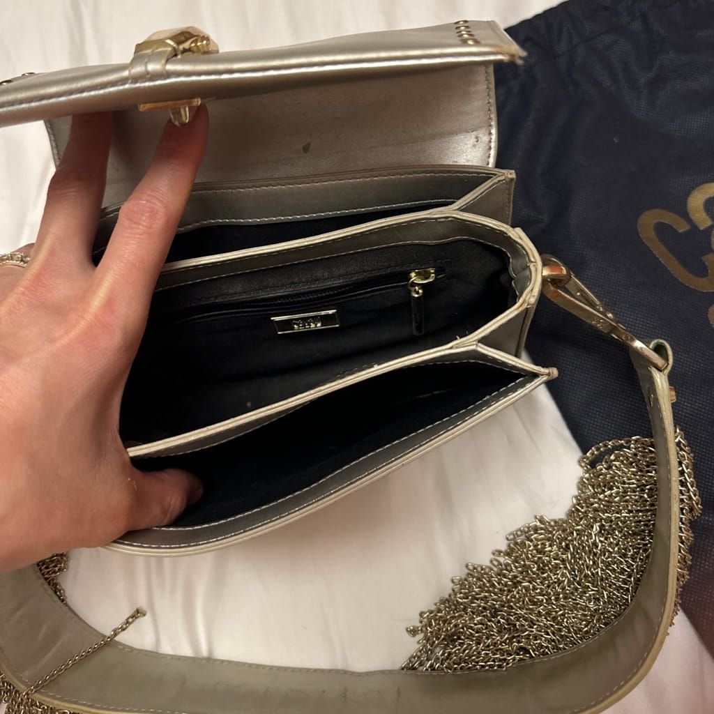 Cavalli class unique silver shoulder bag with gold chain fringes